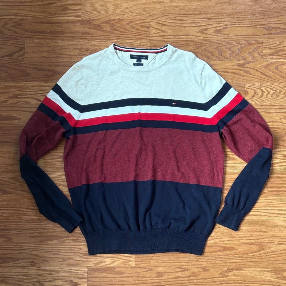 Tommy Hilfiger Men's Red Blue‎ Stripe Crewneck Sweater Large Americana Classic